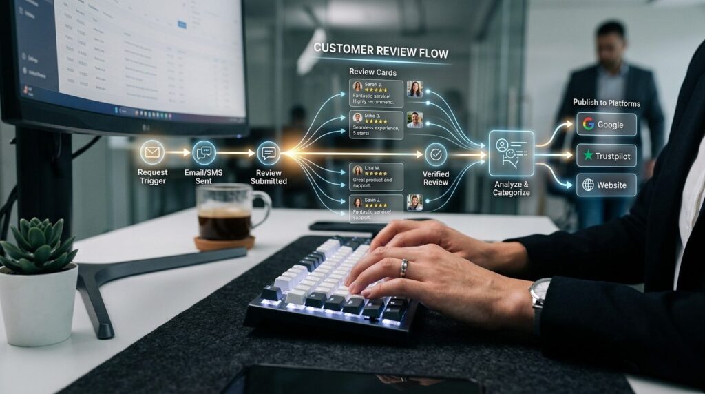 Close-up of hands typing on keyboard with automated workflow
