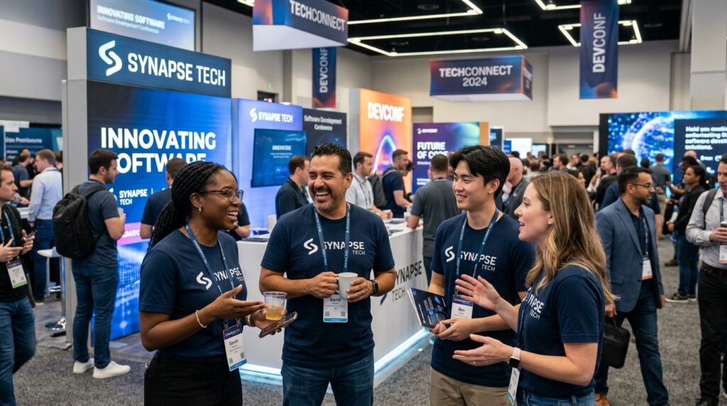 Dynamic photograph of IT professionals networking at a softw