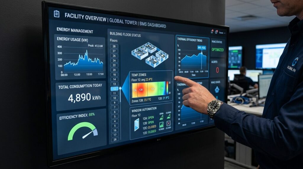 Close-up photograph of a building management system dashboar