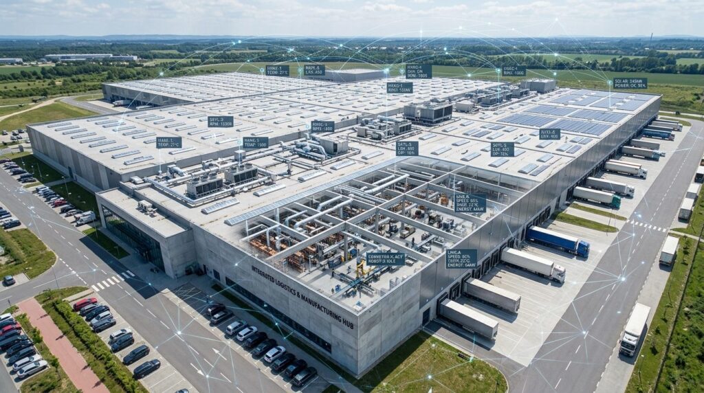 Aerial view photograph of a large industrial warehouse or pr
