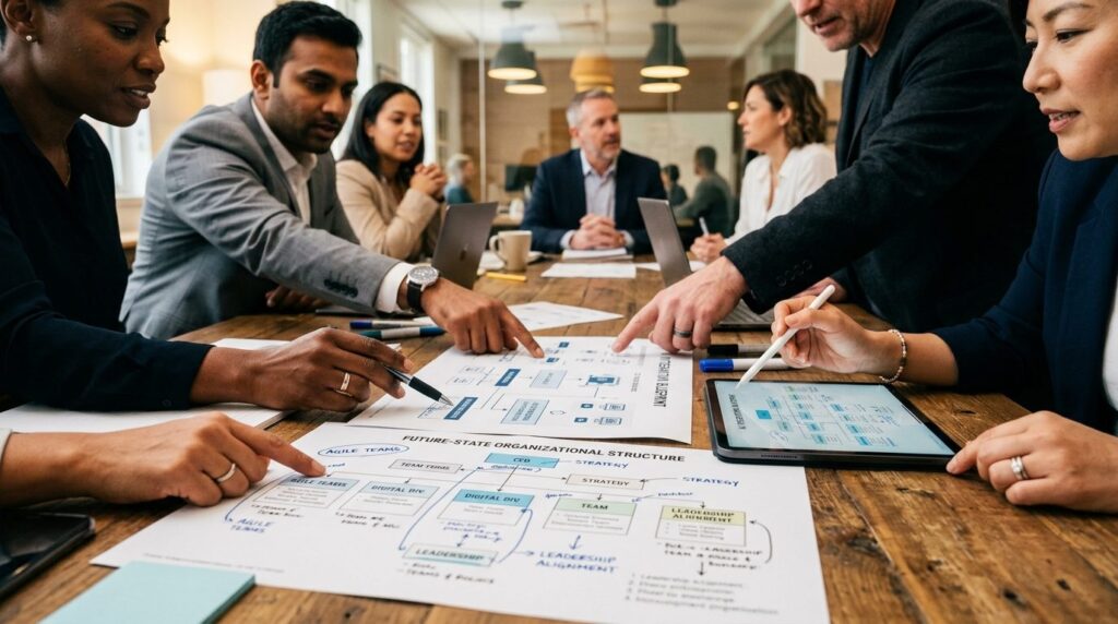 Forskelligartede ledere sidder sammen og arbejder på en transformation ved et bord.
