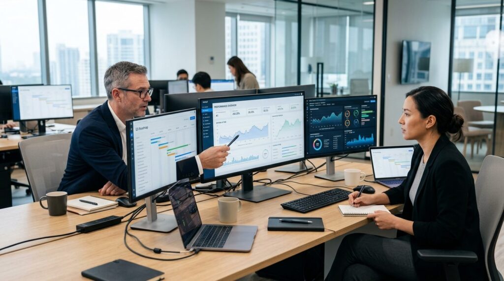 IT-direktør og forretningsleder i alvorlig samtale ved et møde.