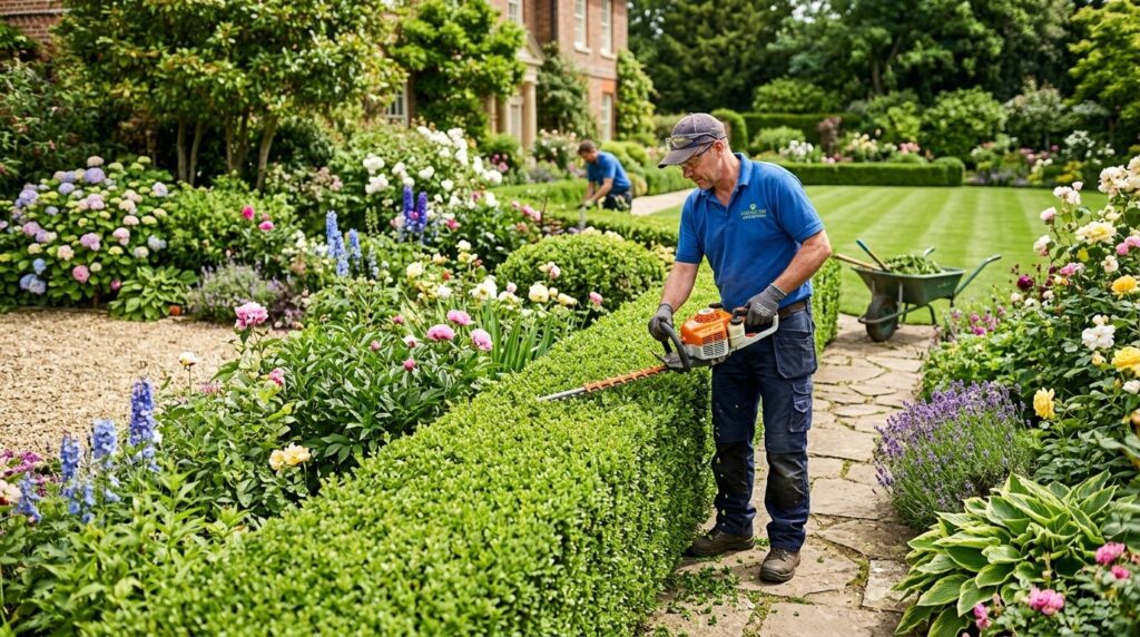 Skilled gardener maintaining a lush private residential gard