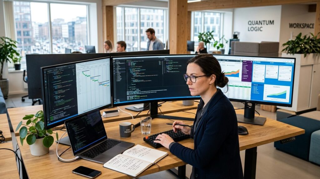 Busy entrepreneur at desk with multiple monitors showing cod