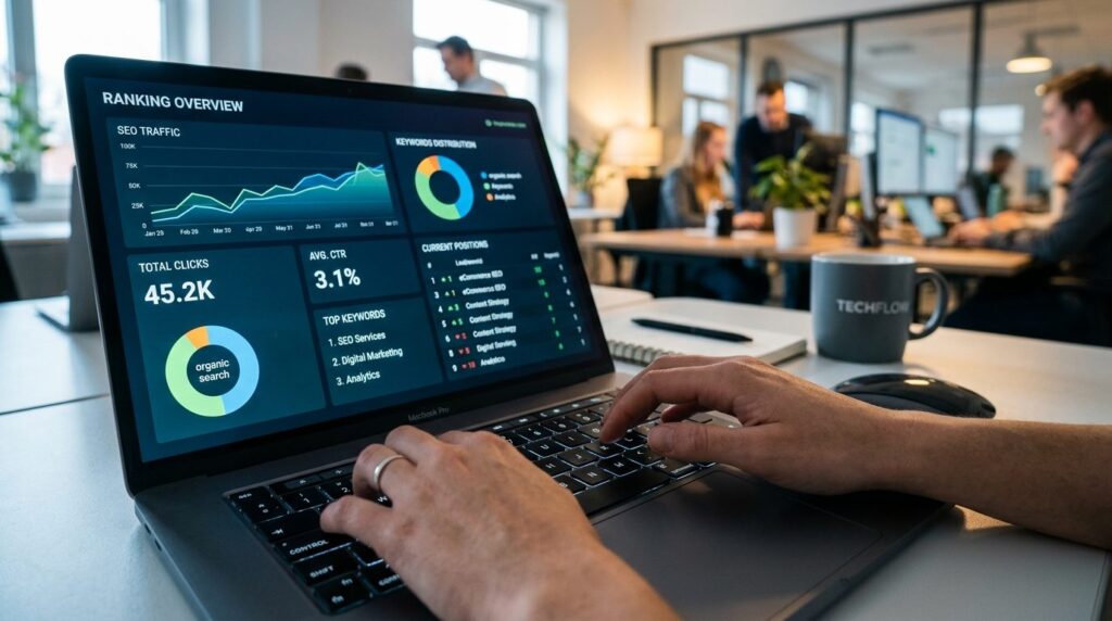 Close-up photorealistic image of hands typing on keyboard wi