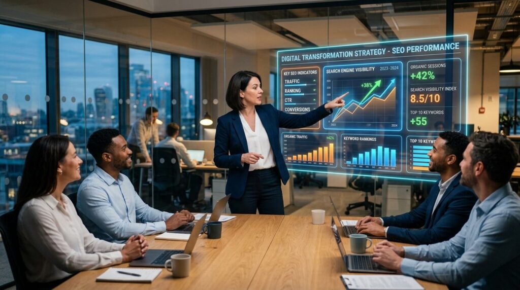 Businesswoman in tech company office presenting digital tran