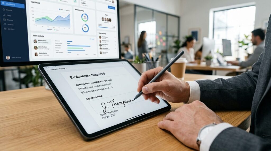 Close-up of businessmans hand signing digital tablet with s