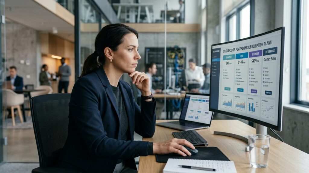 IT manager analyzing cloud-based software dashboard on compu