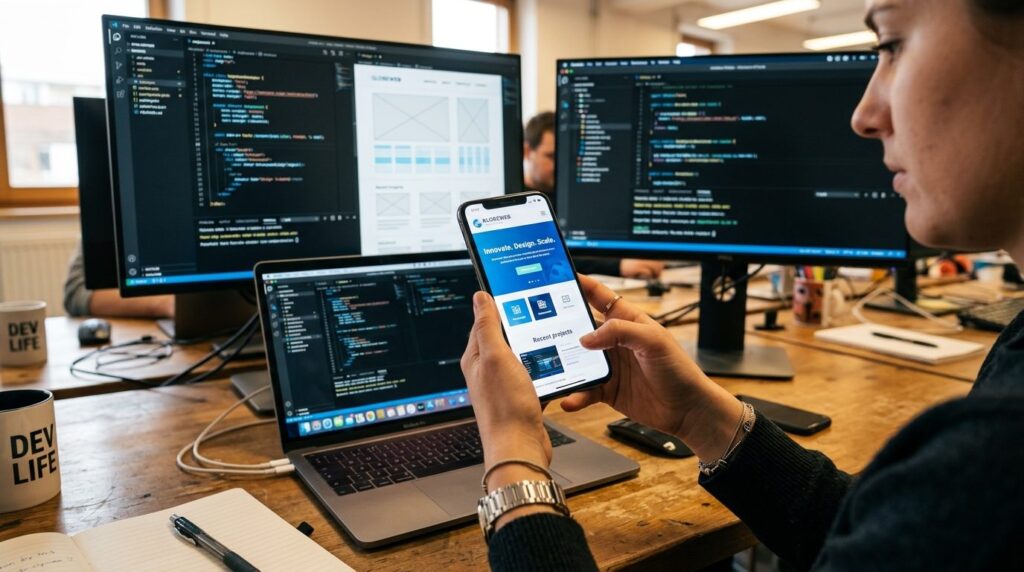 Udviklers hænder holder og arbejder med en mobiltelefon tæt på kameraet.