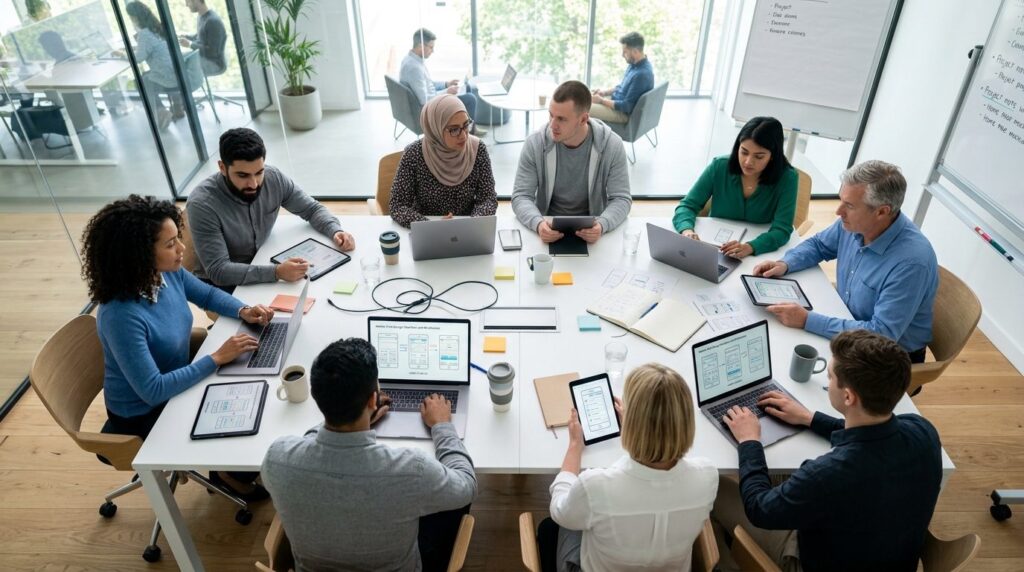 Overhead-view af et team, der samarbejder omkring digitale transformationsprojekter ved et bord.