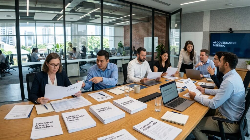 Medarbejdere sidder omkring et møde- og diskuterer sammen i et kontorlokale.