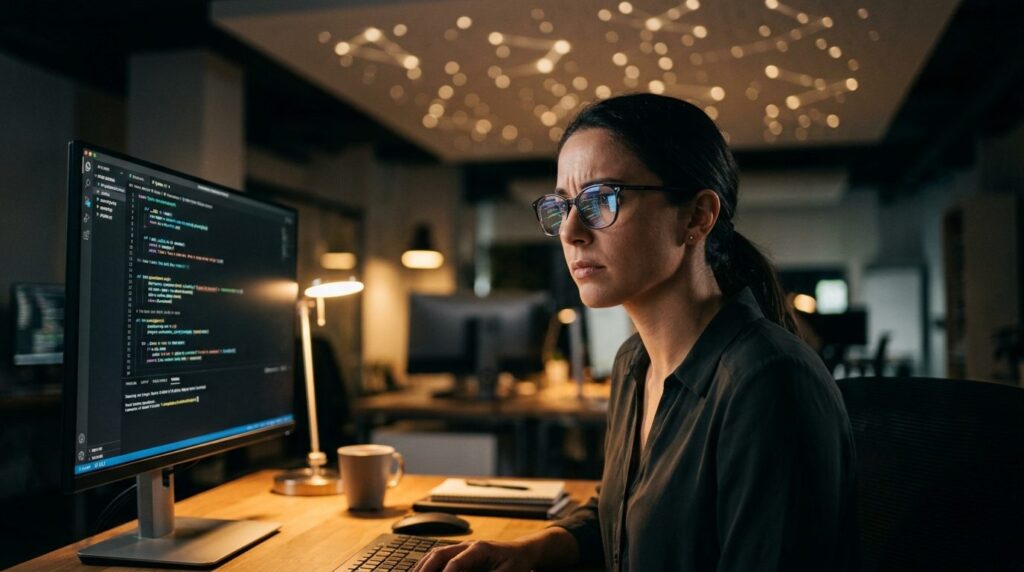 Close-up of an IT professionals focused face illuminated by
