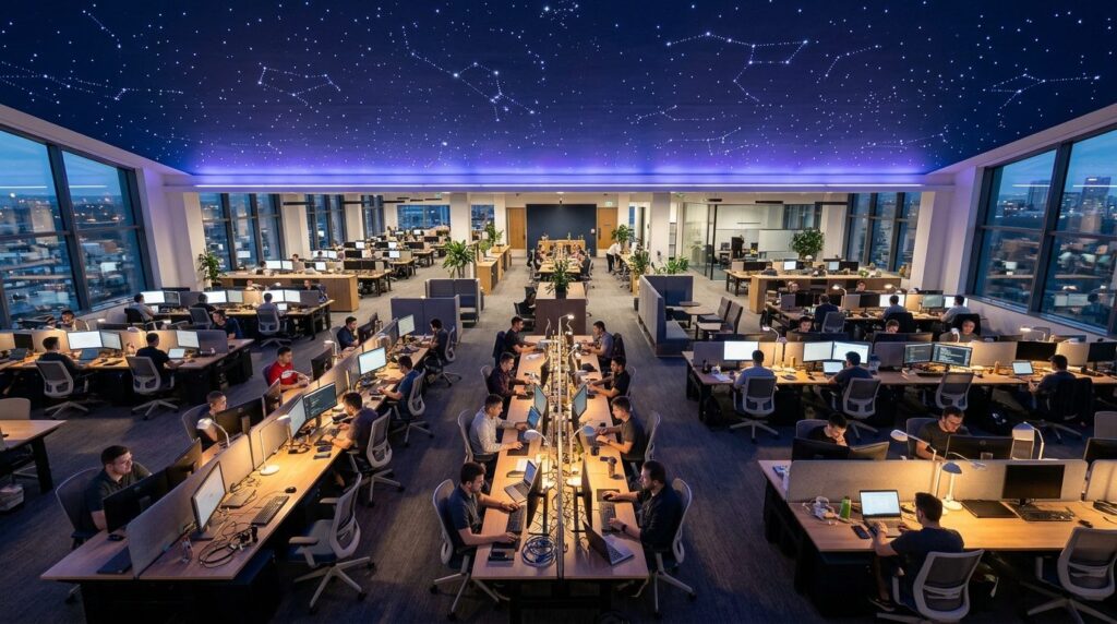 Overhead architectural view of an open-plan IT office space 