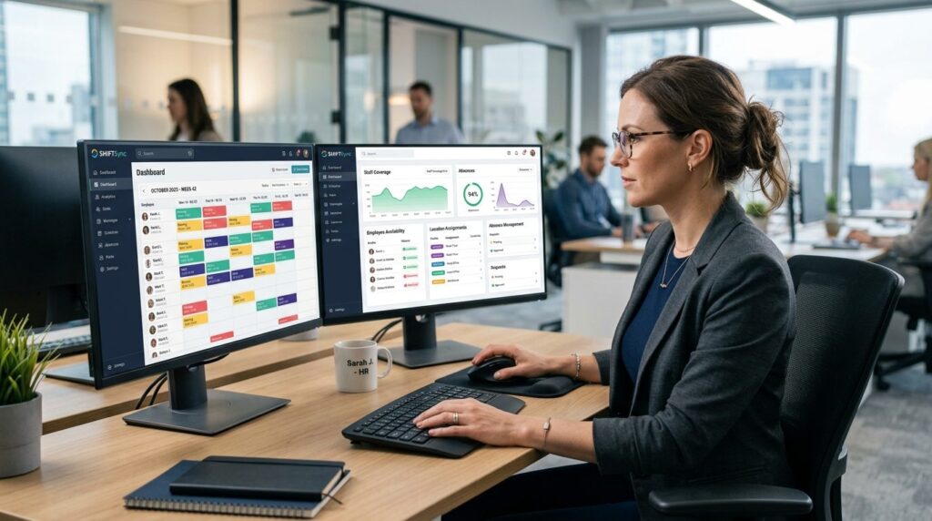 HR-manager arbejder ved computerskærm med dokumenter og kalender på skrivebord.