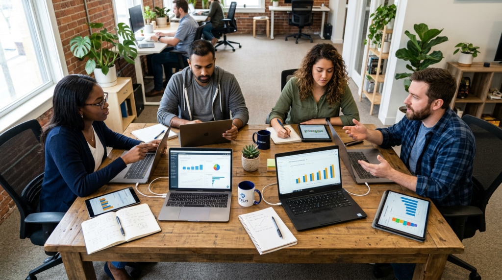 Birds eye view of a diverse tech team of four professionals