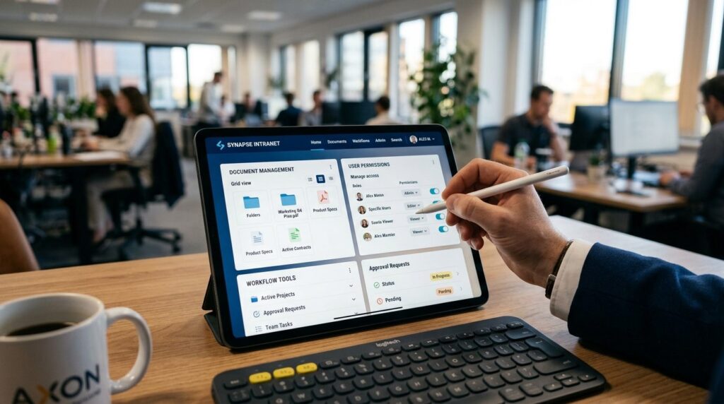 Hånd på tablet med dokumenter på skærmen.