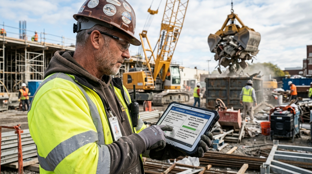 Close-up of a construction site foreman using a tablet with