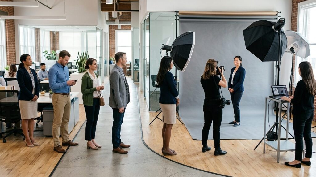 Fotografistudio med professionelt lys og kamera til portrættering af medarbejdere.
