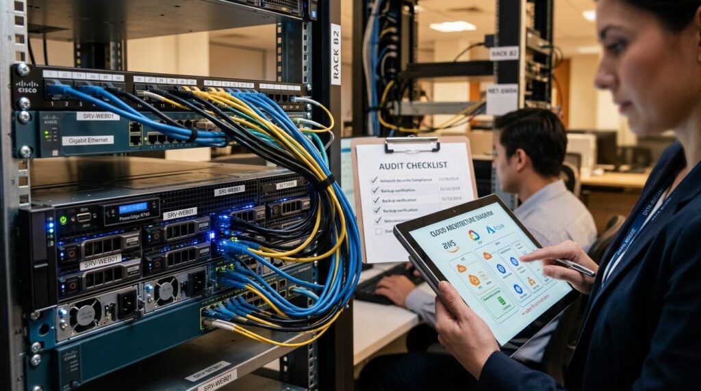 Close-up shot of IT infrastructure components - server hardw