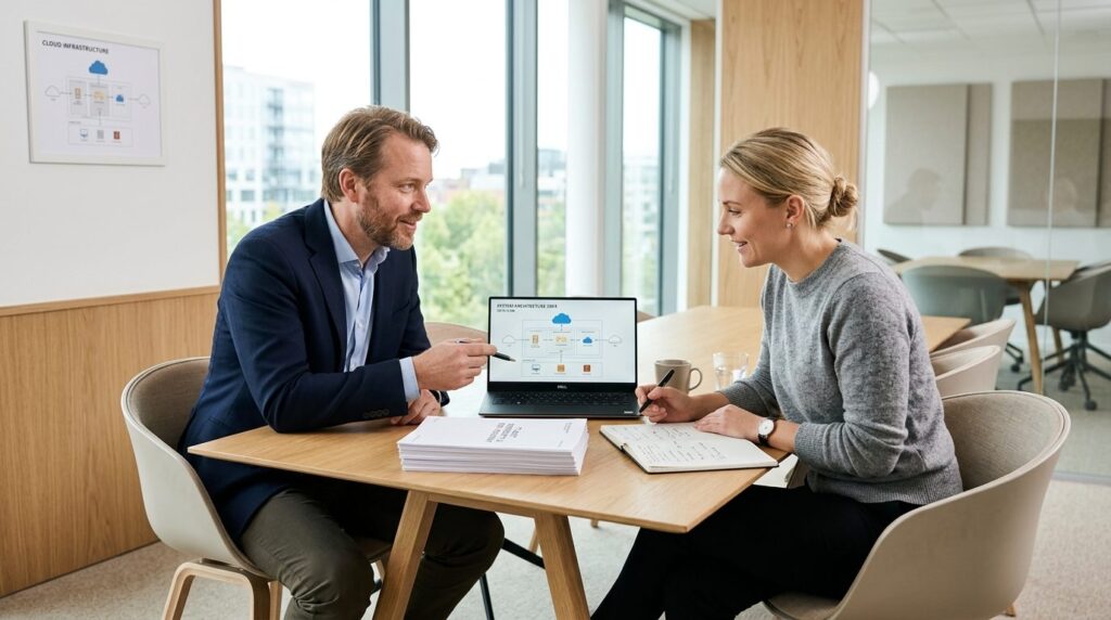 CTO and auditor in business casual attire discussing IT syst