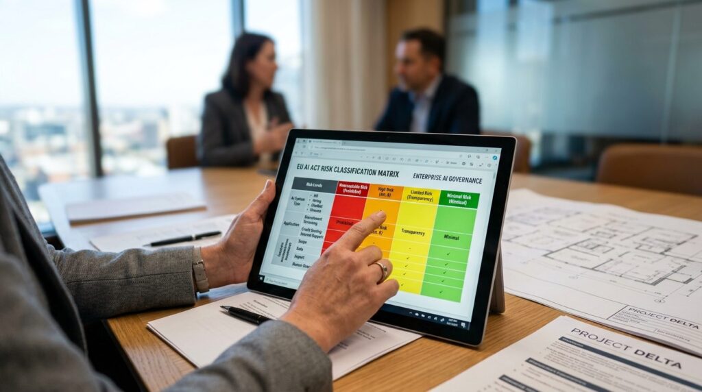Compliance officers hænder peger på dokument under arbejde med regeloverholdelse.