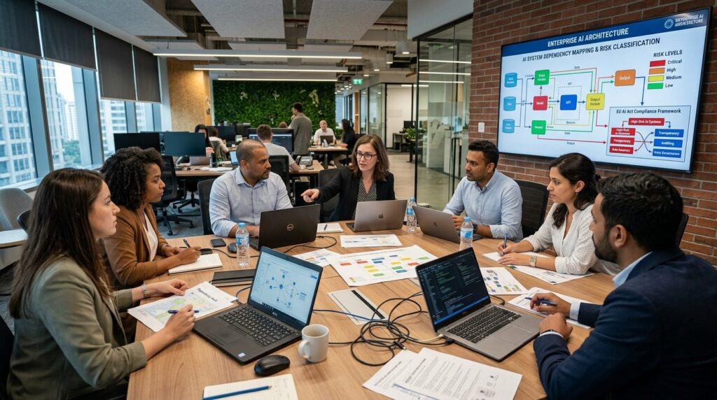 IT-team samlet omkring arkitekturdiagram og computerskærme på kontor.