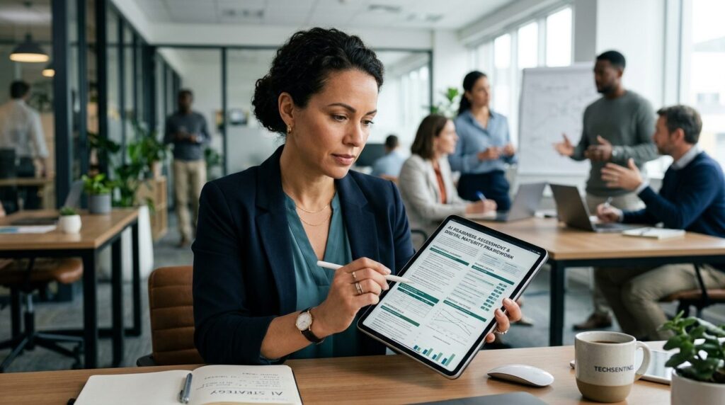 Kvinde i lederposition studerer digital tablet med fokuseret udtryk.