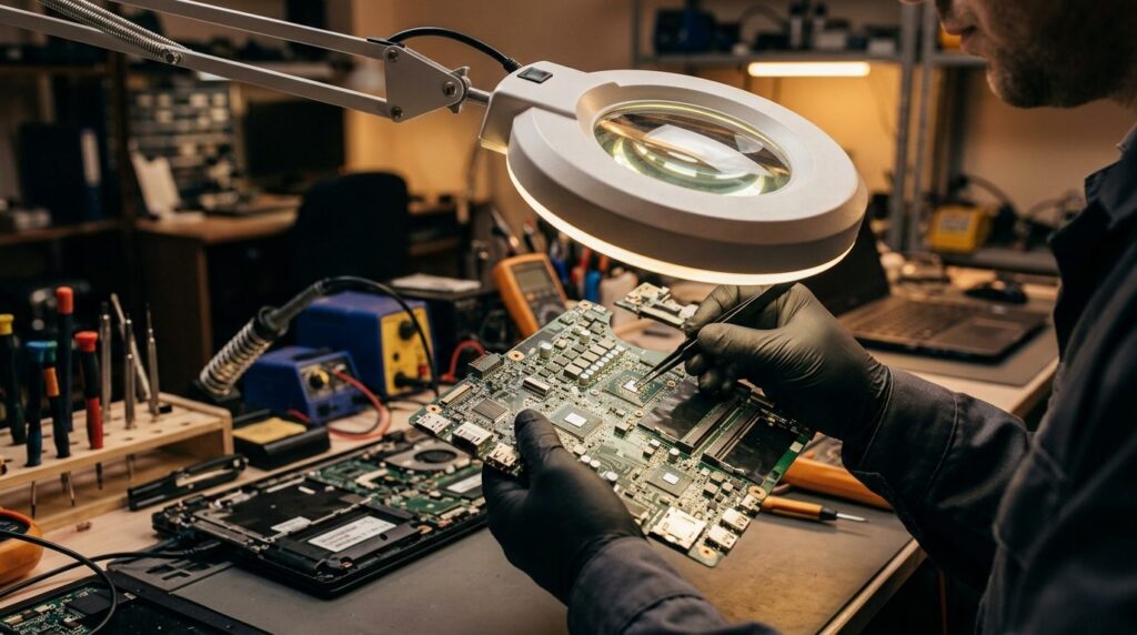 Close-up of skilled IT technician hands holding and inspecti