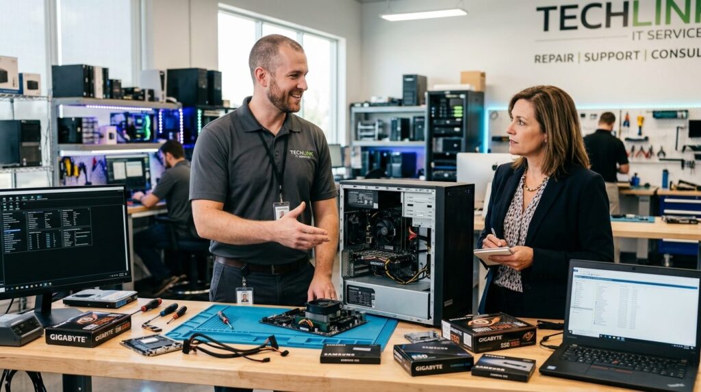 Confident technician in polo shirt gesturing during consulta