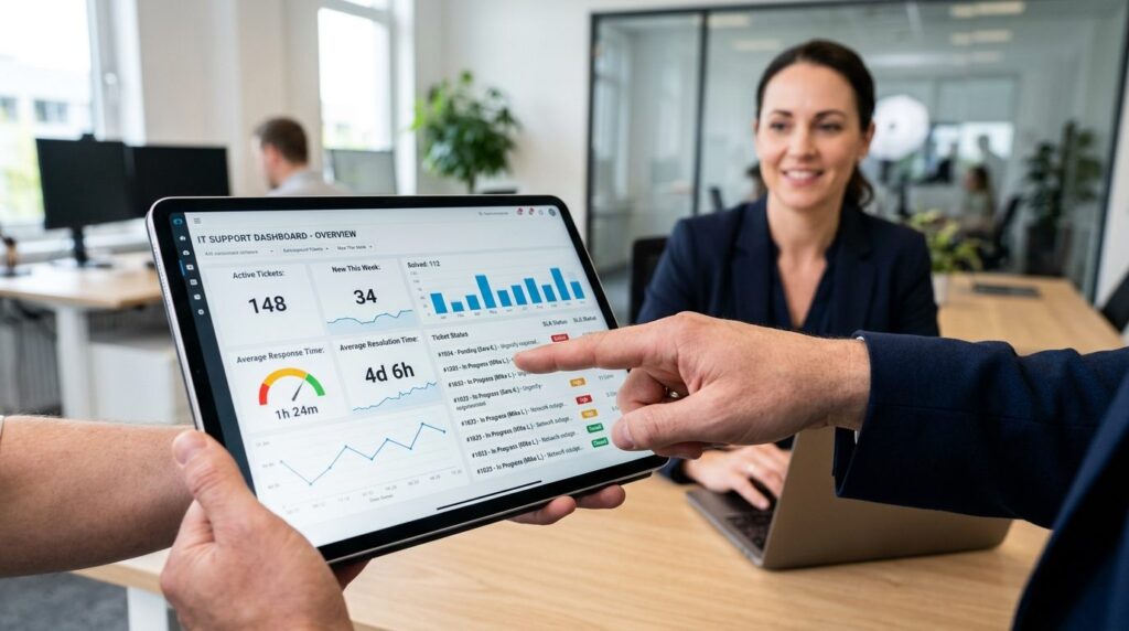 Forretningsfolk peger på tablet med data og grafer.