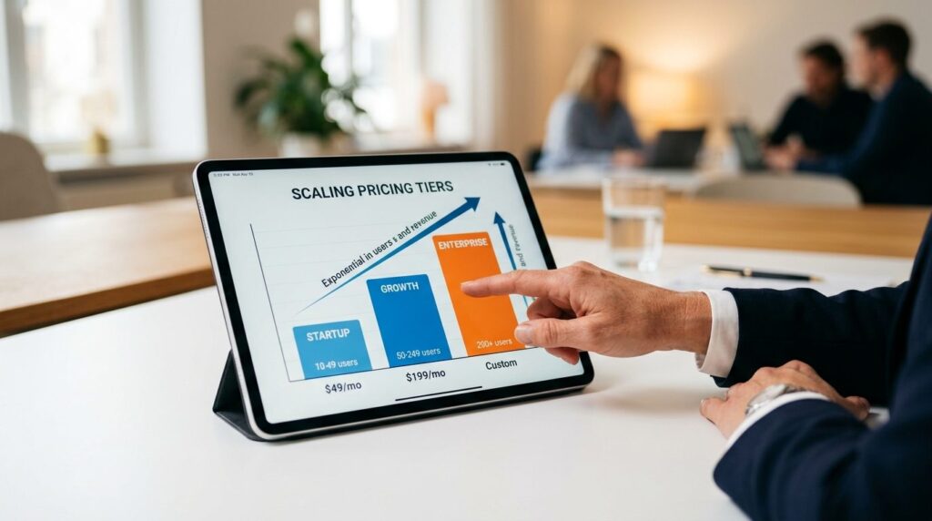 Hånd peger på skærm med grafik og diagrammer under møde om forretningsbeslutning.