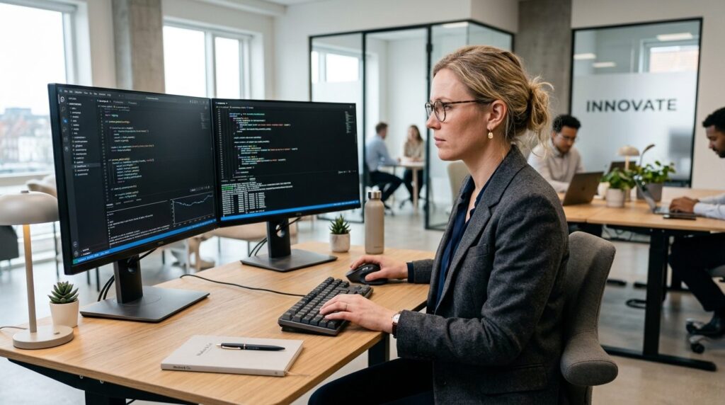 Kvinde ved computer studerer kode og dokumentation til skræddersyet software.