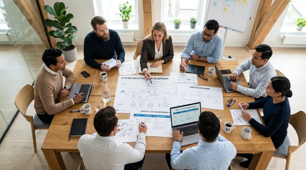 Mødetabel set fra oven med medarbejdere, laptops og strategidokumenter om digital transformation.